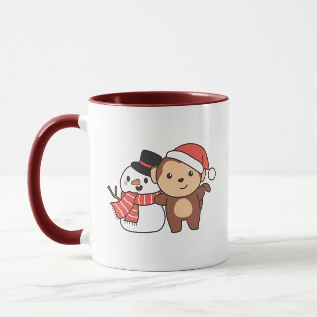 Monkey With Snowman In Winter For Christmas Mug (Left)