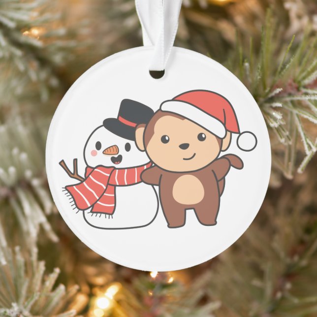 Monkey With Snowman In Winter For Christmas Ornament (Tree)