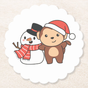 Monkey With Snowman In Winter For Christmas Paper Coaster