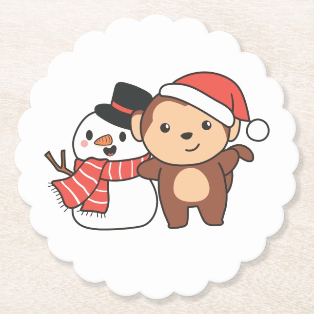 Monkey With Snowman In Winter For Christmas Paper Coaster (Front)