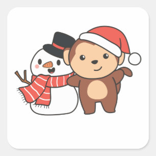 Monkey With Snowman In Winter For Christmas Square Sticker