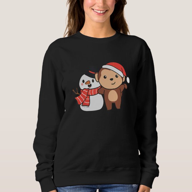 Monkey With Snowman In Winter For Christmas Sweatshirt (Front)