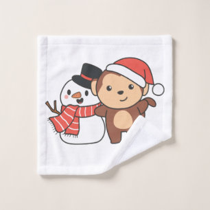 Monkey With Snowman In Winter For Christmas Wash Cloth