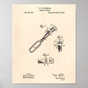 Monkey Wrench 1883 Patent Art Old Peper Poster
