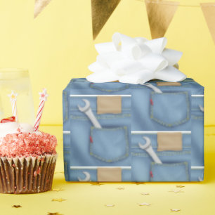 monkey wrench in blue jean pocket wrapping paper