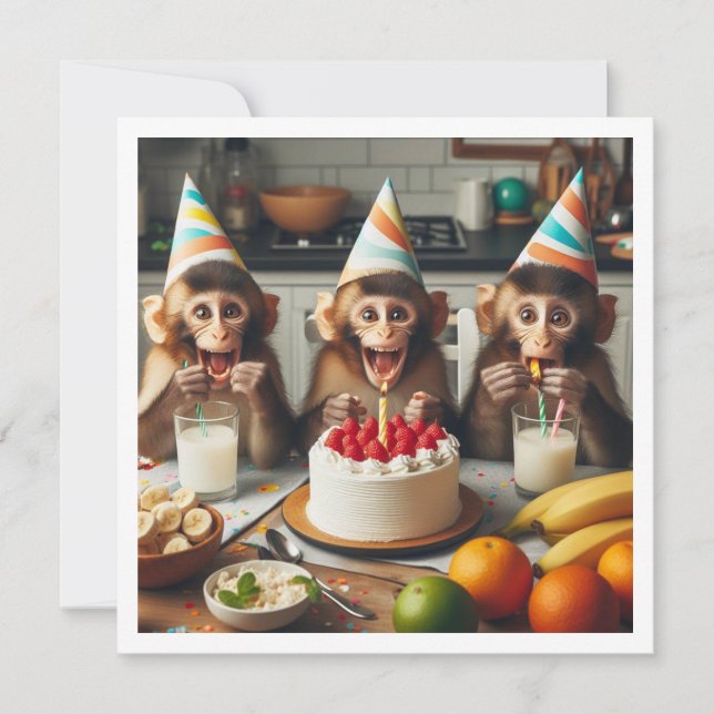 Monkeys celebrating birthday, party monkeys invitation (Front)