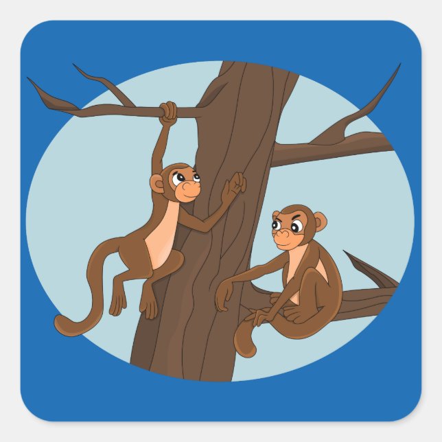 Monkeys climbing the tree cartoon square sticker (Front)