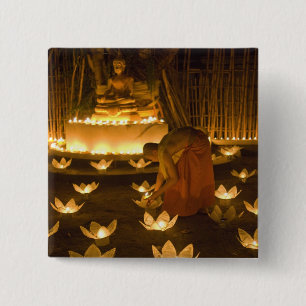 Monks lighting khom loy candles and lanterns for 15 cm square badge