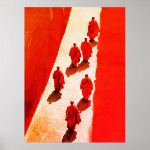 Monks Walking Red Robe Spiritual Journey Poster