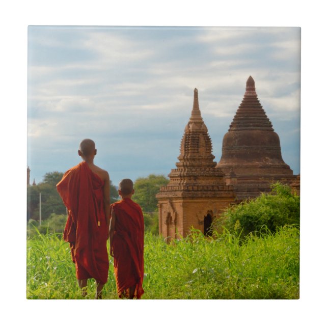 Monks with Ancient Temples Ceramic Tile (Front)