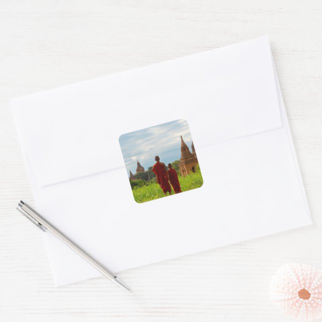 Monks with Ancient Temples Square Sticker (Envelope)