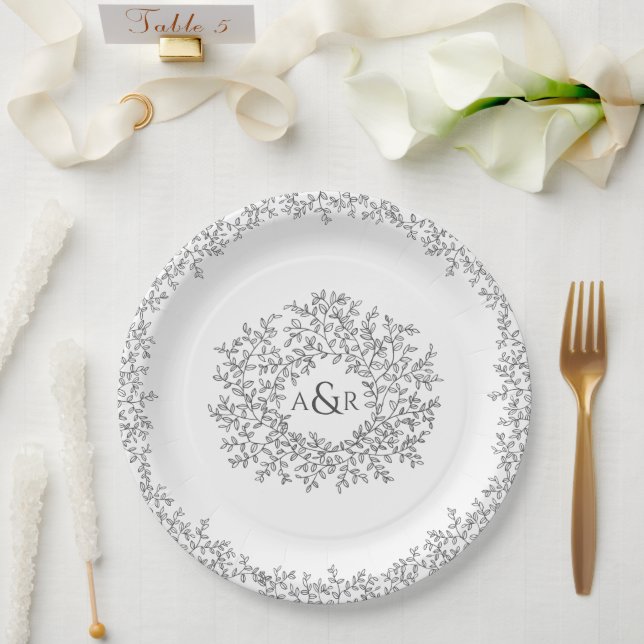 Mono grey white circle leaf art monogram wedding paper plate (Wedding)