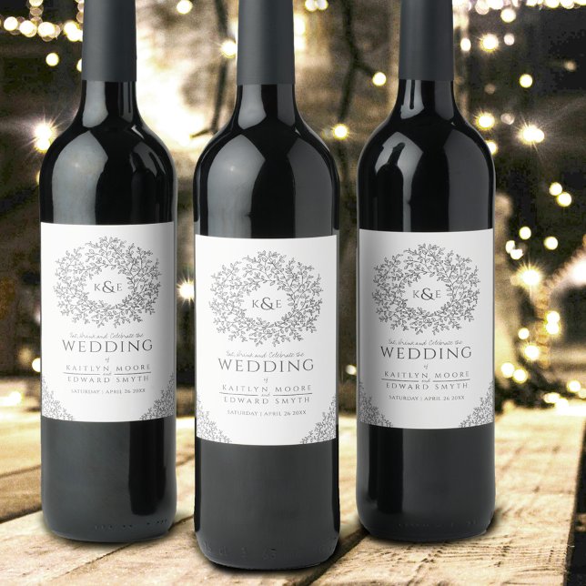 Mono hand drawn leaf monogram art wedding wine label (Creator Uploaded)