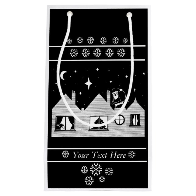 monochome santa on roof christmas contempory small gift bag (Front)
