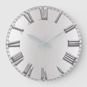 Monochrom Grey Metallic Grey Silver Roman Numbers Large Clock