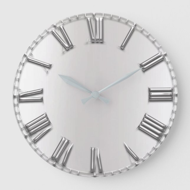 Monochrom Grey Metallic Grey Silver Roman Numbers Large Clock (Front)