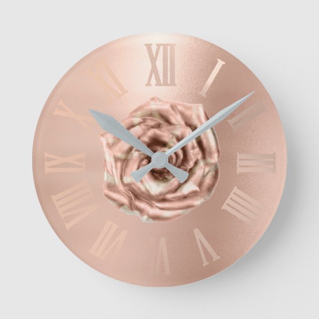 Monochrom Rose Gold Copper Metallic Roman Numers Round Clock (Front)