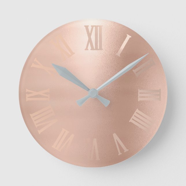 Monochrom Rose Gold Minimal Metallic Roman Numers Round Clock (Front)