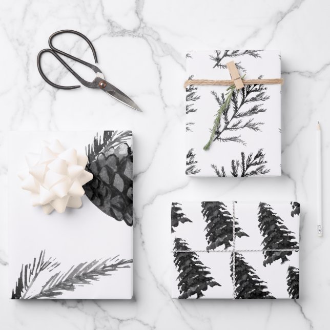 Monochrom Winter Christmas Tree Pine Branch Cones  Wrapping Paper Sheet (Front)