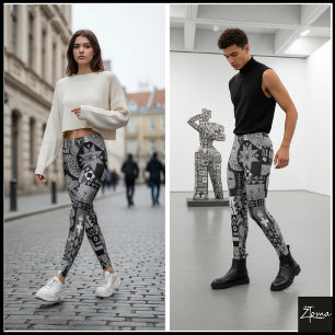 Monochromatic Abstract Geometric Folk Art Quilt Leggings