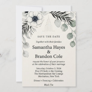 Monochromatic Anemone, Eucalyptus, Skyline Motif, Invitation