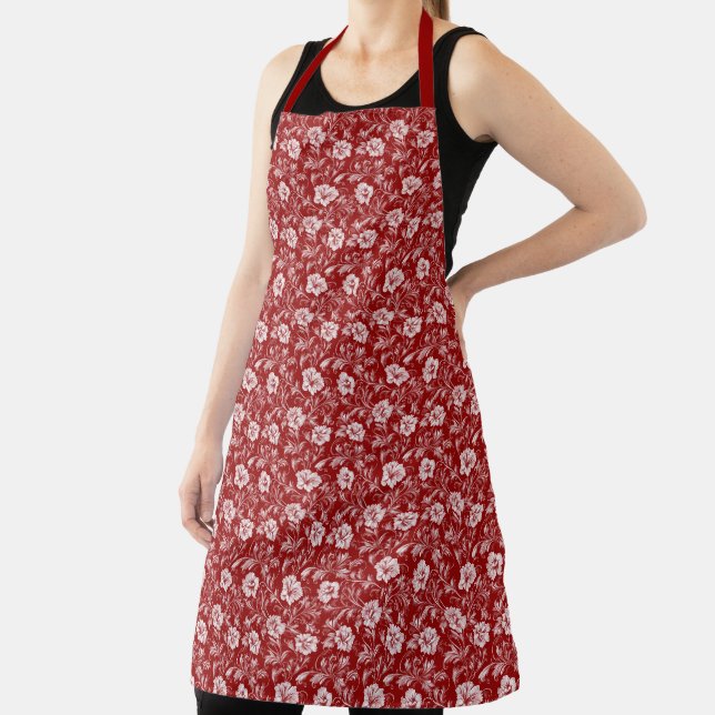 Monochromatic Baroque Floral Pattern, White on Red Apron (Insitu)