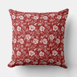 Monochromatic Baroque Floral Pattern, White on Red Cushion