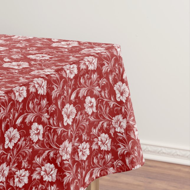 Monochromatic Baroque Floral Pattern, White on Red Tablecloth (In Situ)