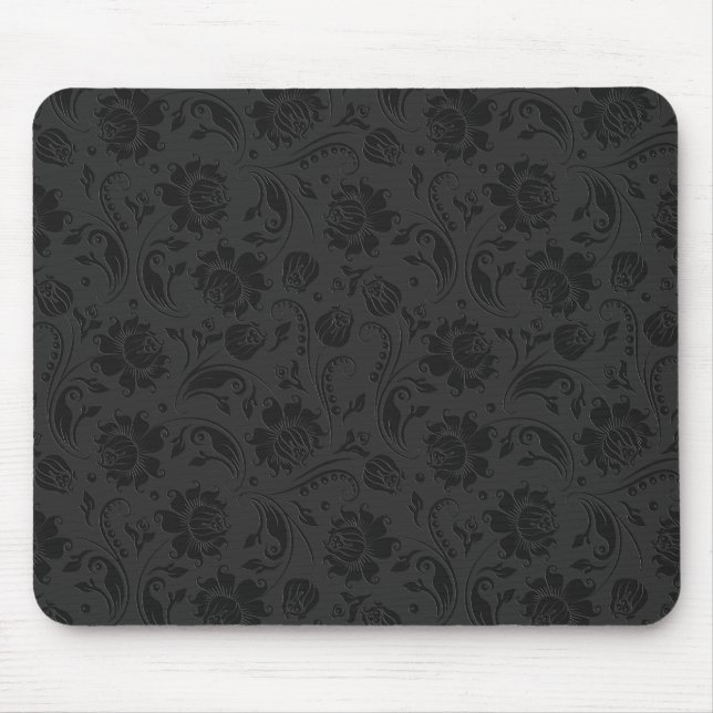 Monochromatic Black & Dark Grey Floral Damasks Mouse Pad (Front)