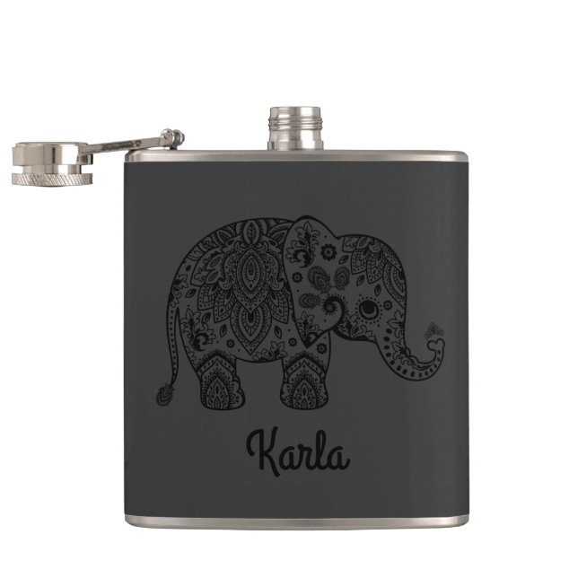 Monochromatic Black Retro Paisley Elephant Hip Flask (Opened)