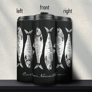 Monochromatic Black White Sardine Art Custom Name  Thermal Tumbler