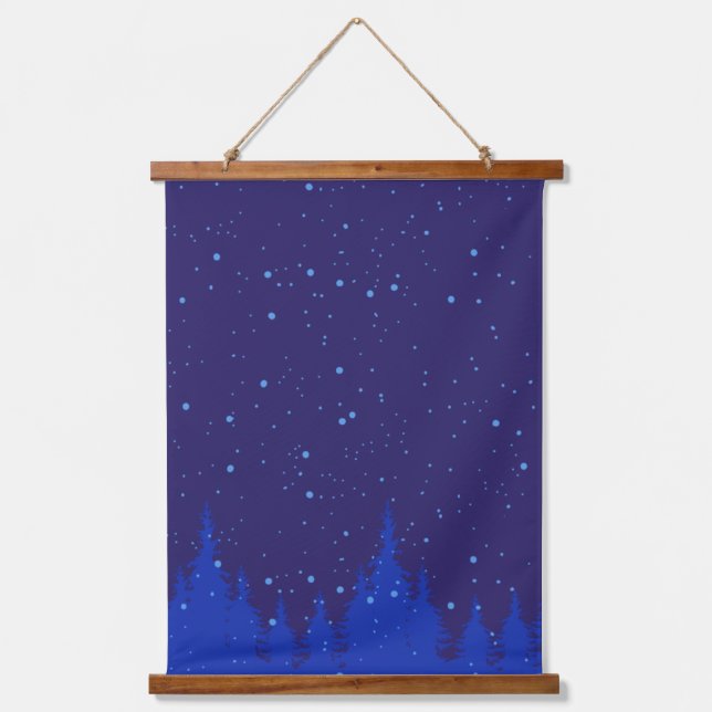 Monochromatic Blue Christmas Scene with Snow Hanging Tapestry (Front)