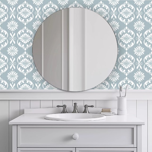 Monochromatic Blue Geometric Wallpaper (Monochromatic Blue Geometric Wallpaper in a white bathroom.)