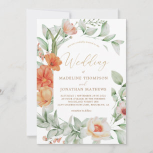 Monochromatic Boho Floral Champagne Gold Wedding Invitation
