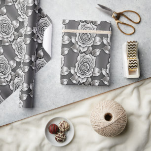 Monochromatic Dark Gray Roses Wrapping Paper