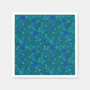 Monochromatic dark turquoise blue retro floral napkin