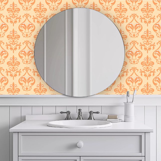 Monochromatic Decorative Orange Wallpaper (Monochromatic Decorative Orange Wallpaper in a white bathroom. )