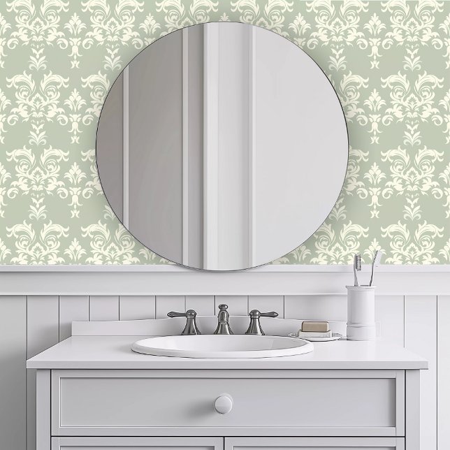 Monochromatic Detailed Green Wallpaper (Monochromatic Detailed Green Wallpaper in a white bathroom.)