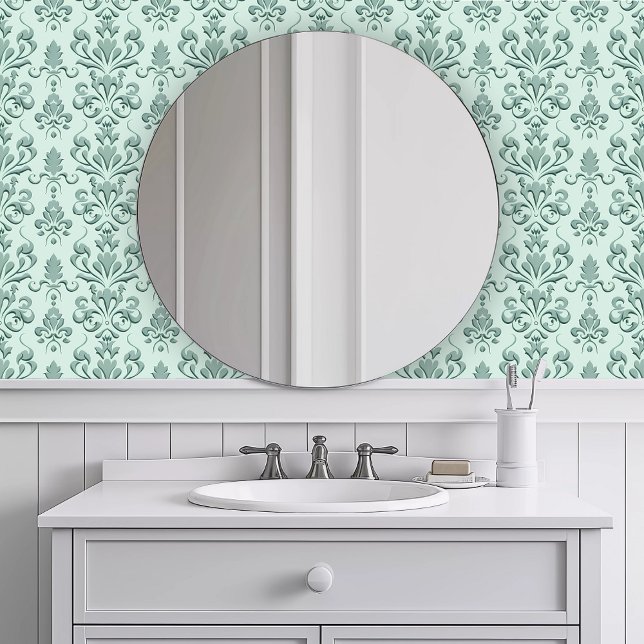 Monochromatic Detailed Teal Wallpaper (Monochromatic Detailed Teal Wallpaper in a white bathroom.)