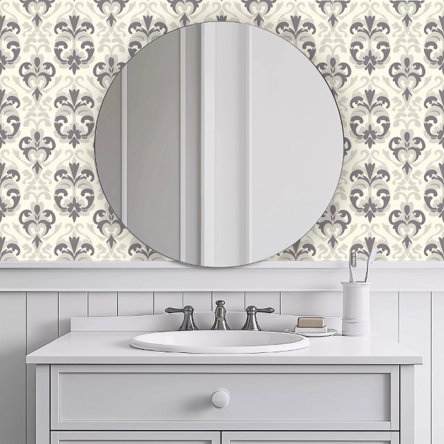 Monochromatic Dusty Elegant Wallpaper (Monochromatic Dusty French Wallpaper in a white bathroom.)