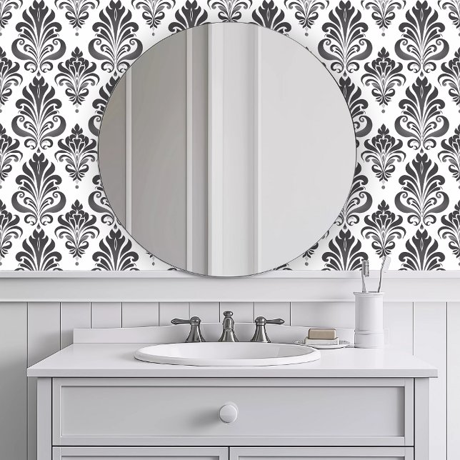 Monochromatic Elegant Grey Wallpaper (Monochromatic Elegant Gray Wallpaper in a white bathroom.)