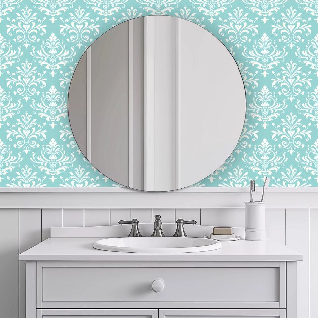 Monochromatic Elegant Turquoise Wallpaper (Monochromatic Elegant Turquoise Wallpaper in a white bathroom.)