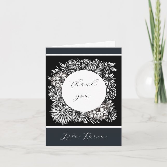 Monochromatic Floral  Thank You Card (Front)