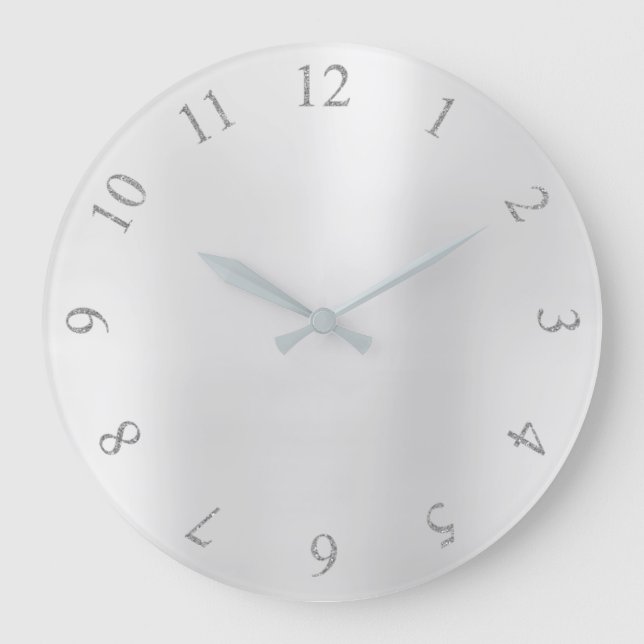 Monochromatic Glitter Gray Silver US UK Numbers Large Clock (Front)