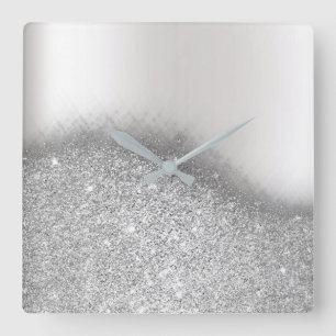 Monochromatic Glitter Silver Grey Minimal Metallic Square Wall Clock