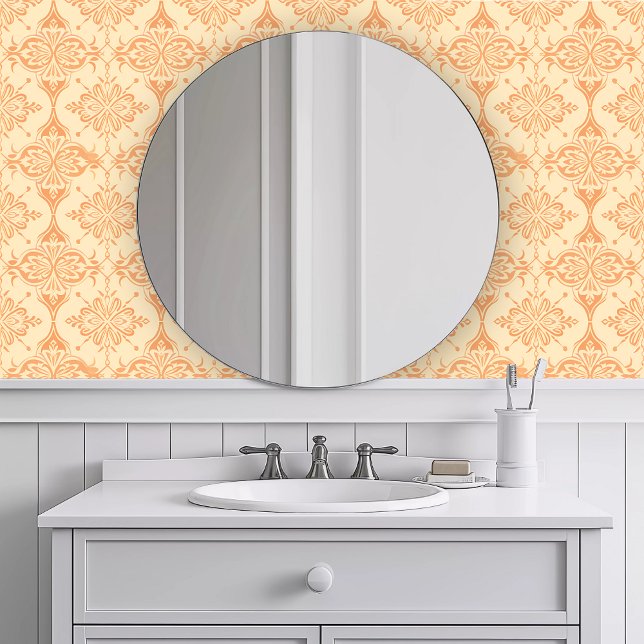Monochromatic Intricate Orange Wallpaper (Monochromatic Intricate Orange Wallpaper in a white bathroom.)