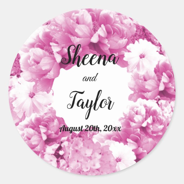 Monochromatic Pink Floral Wreath Wedding Sticker (Front)