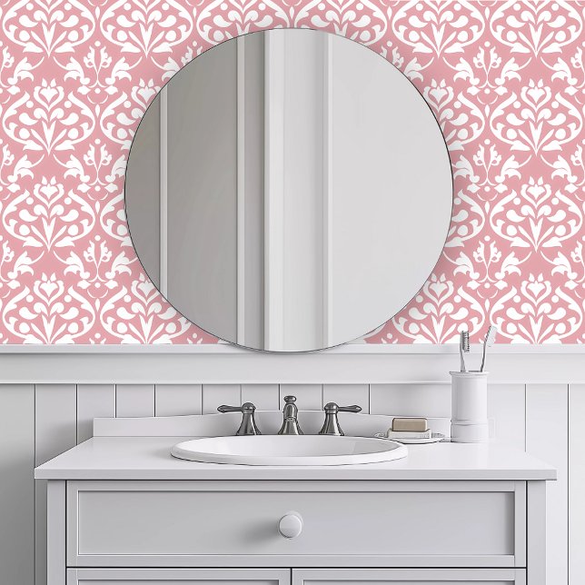 Monochromatic Pink Repeating Wallpaper (Monochromatic Pink Repeating Wallpaper in a white bathroom.)