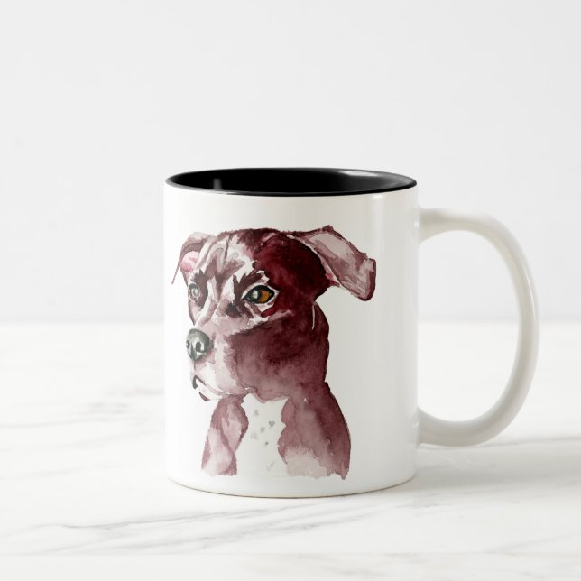 Monochromatic Pitbull Dog Watercolor Painting Two-Tone Coffee Mug (Right)