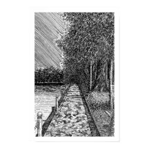Monochromatic Scenic Lake Promenade Line Art Print